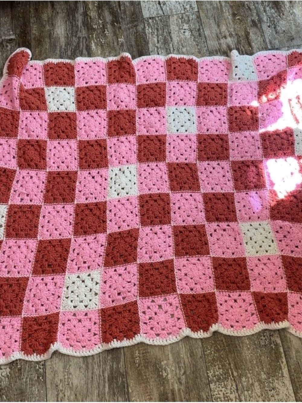 Handmade Crochet Checkerboard blanket Pink, Rose, Cream